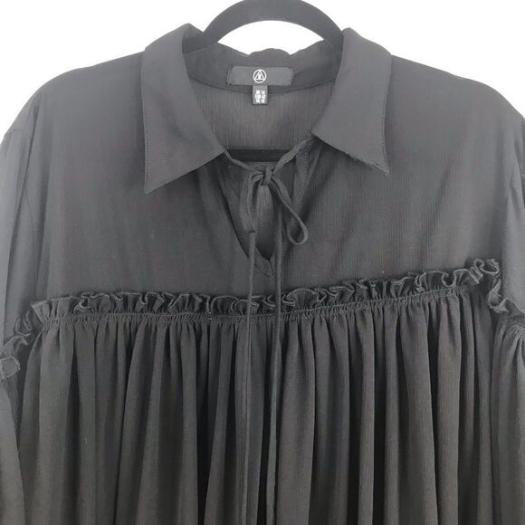 Missguided Semi Sheer Black Poet’s Style Dress with Bell Sleeves and Tie Front - Picture 6 of 15